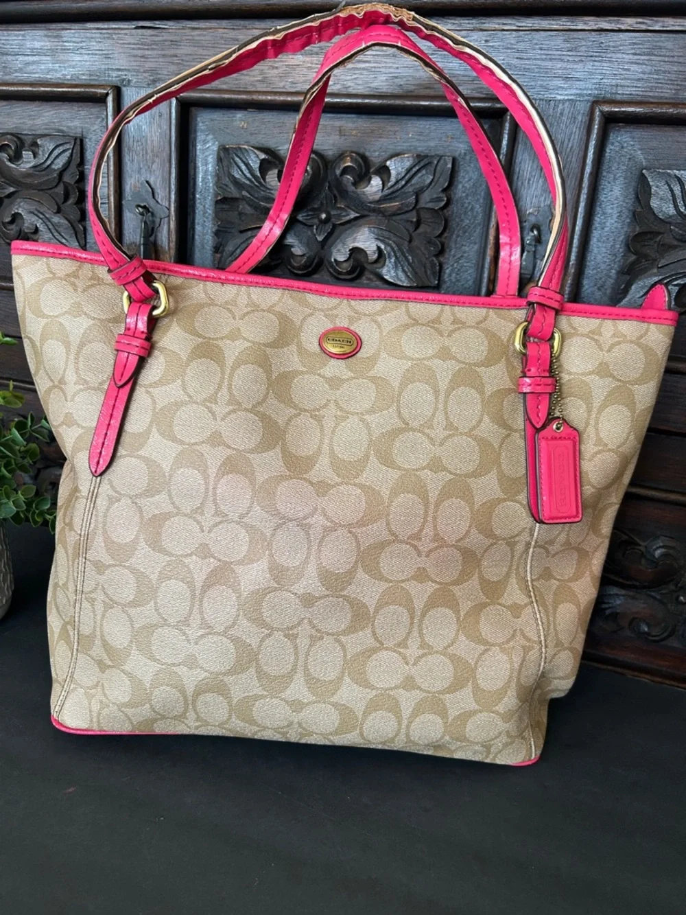 Coach Tan Signature Canvas Tote with Pink Trim and Handles